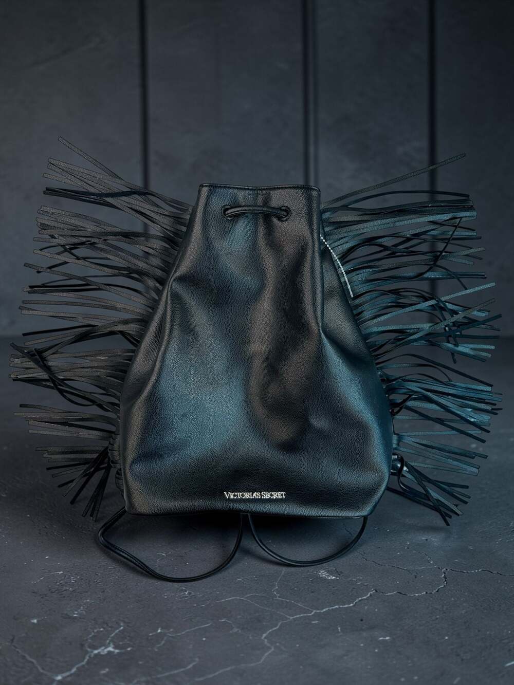 Victoria's Secret Fashion Show Black Fringe Vegan Leather Drawstring Backpack